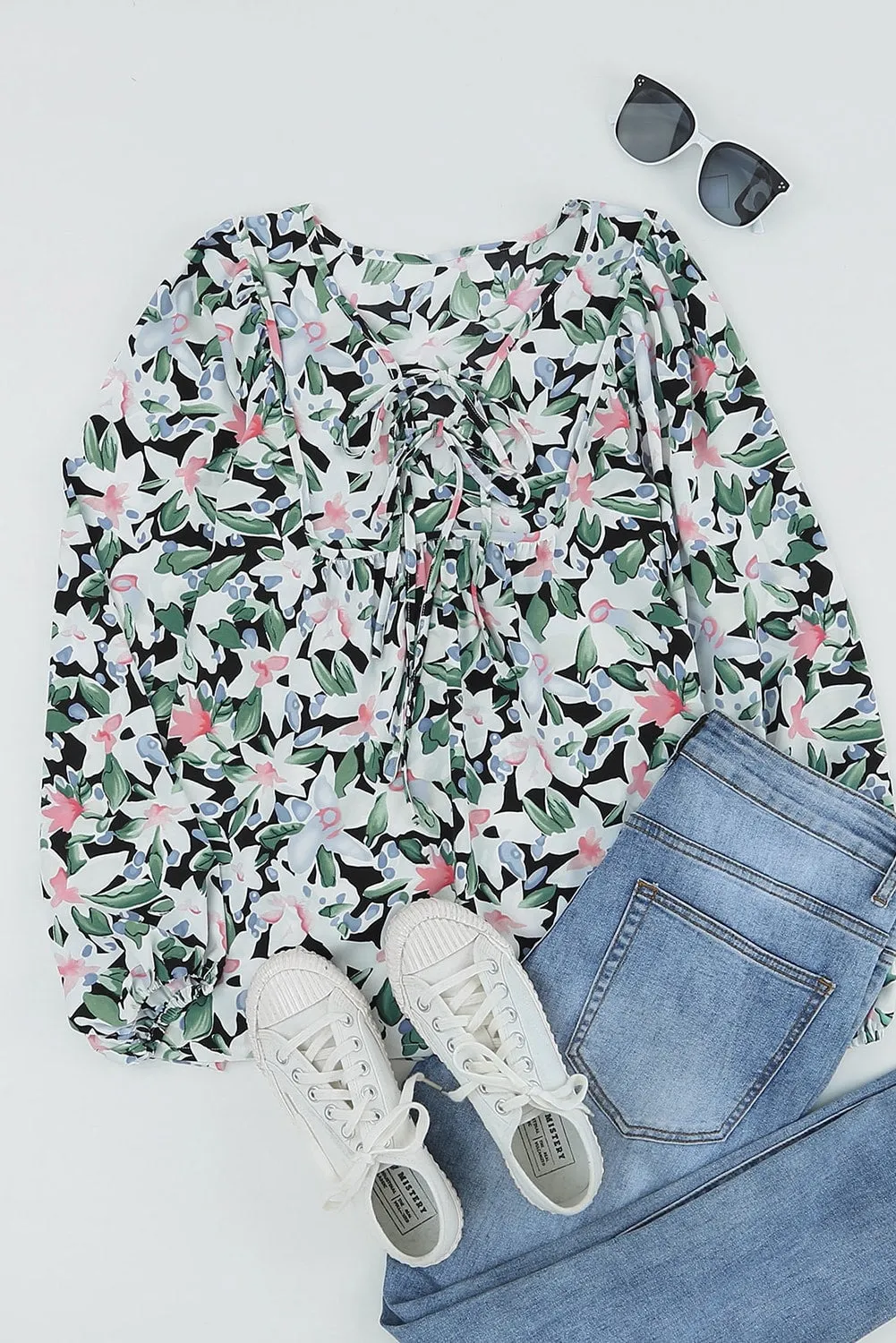 Floral Print Lace Up Blouse