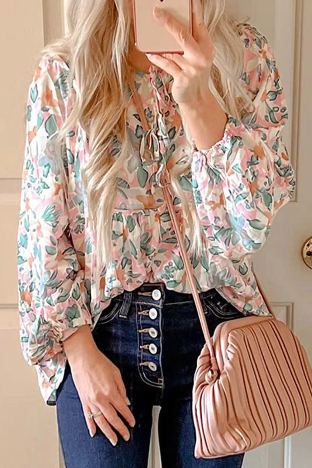 Floral Print Lace Up Blouse
