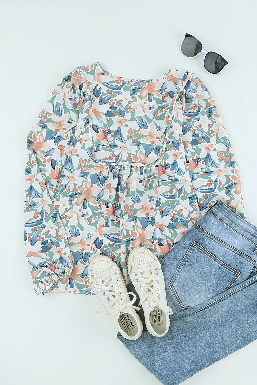 Floral Print Lace Up Blouse