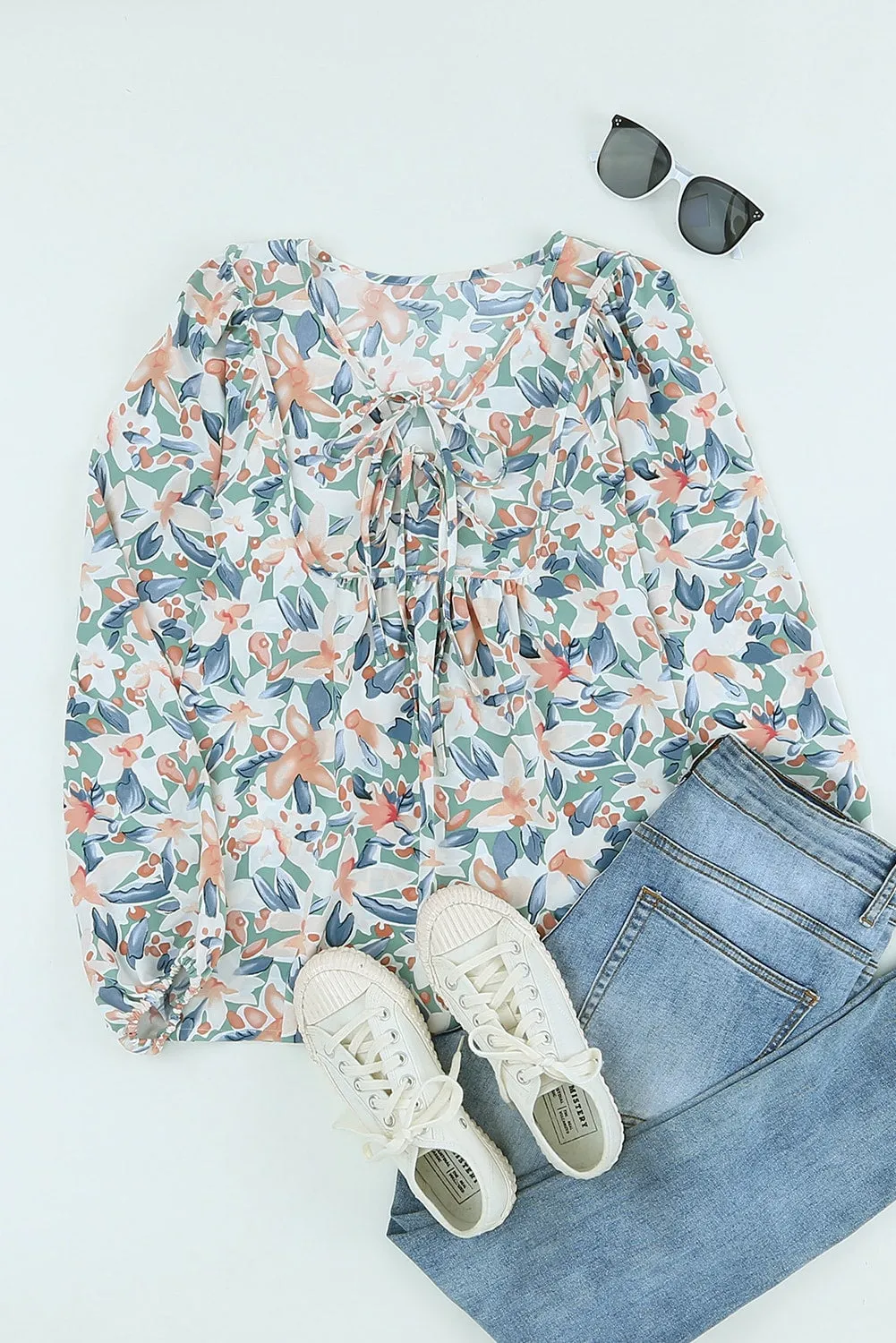 Floral Print Lace Up Blouse