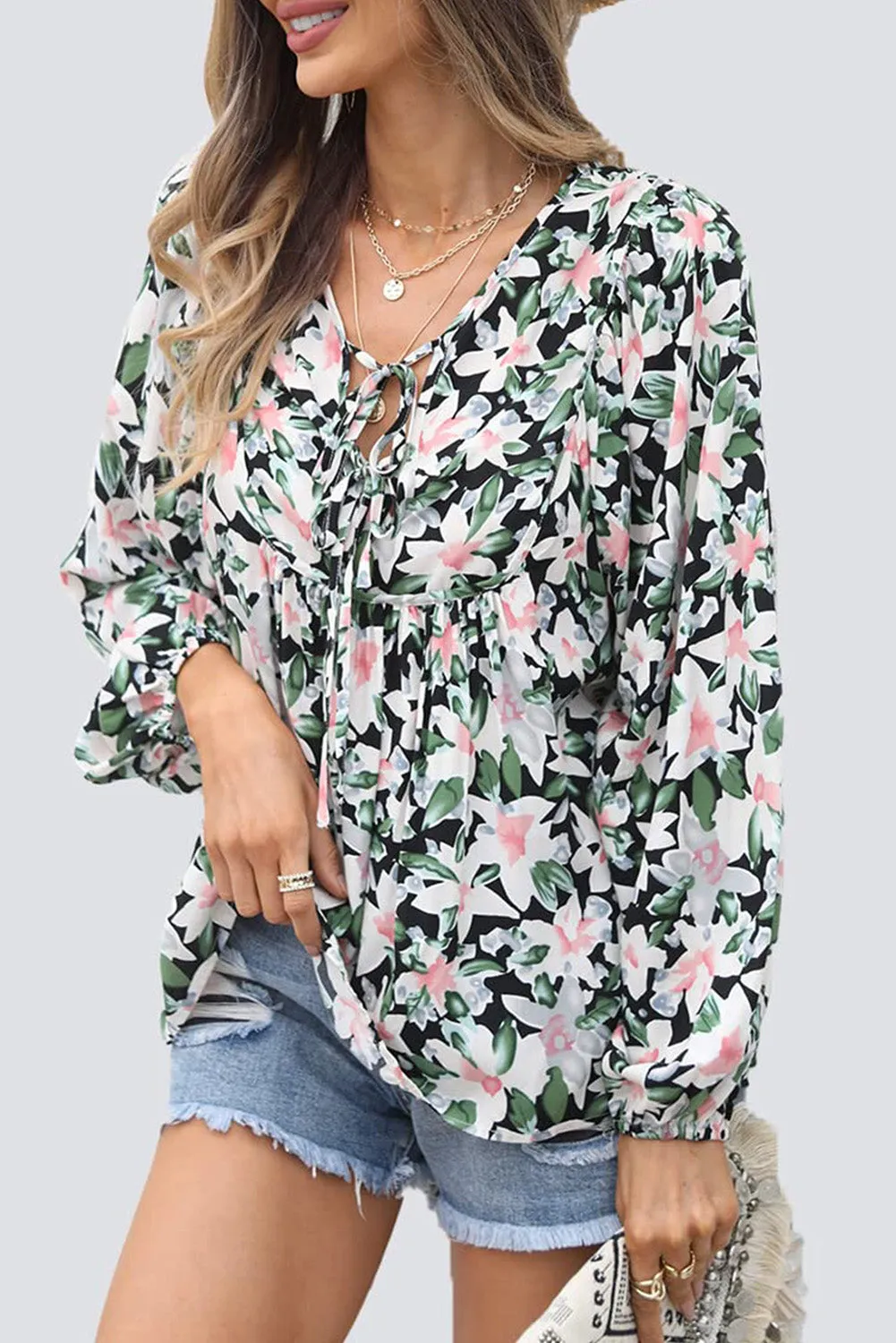 Floral Print Lace Up Blouse