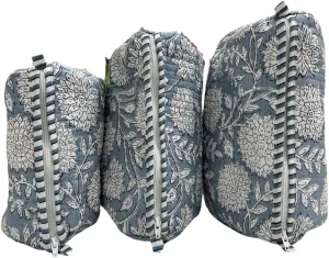 Floral Travel Toiletry Bags, Set of 3, Blue and White Pattern, Zippered Cosmetic Pouches