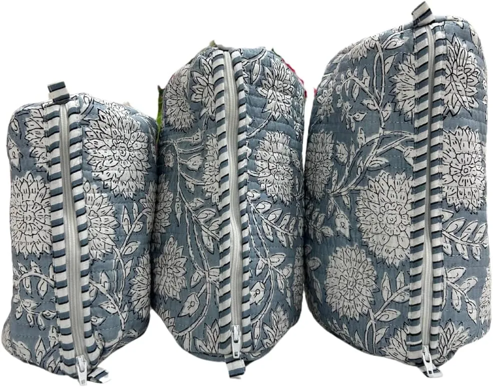 Floral Travel Toiletry Bags, Set of 3, Blue and White Pattern, Zippered Cosmetic Pouches