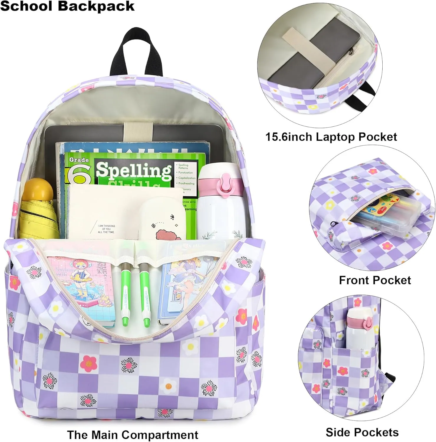 Flowers Checkered School Backpack for Teens Girls, Womens College Bookbags Kids School Bags Laptop Backpacks (Purple)