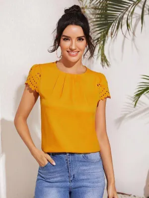 Fold Pleated Front Scallop Edge Laser Cut Sleeve Top