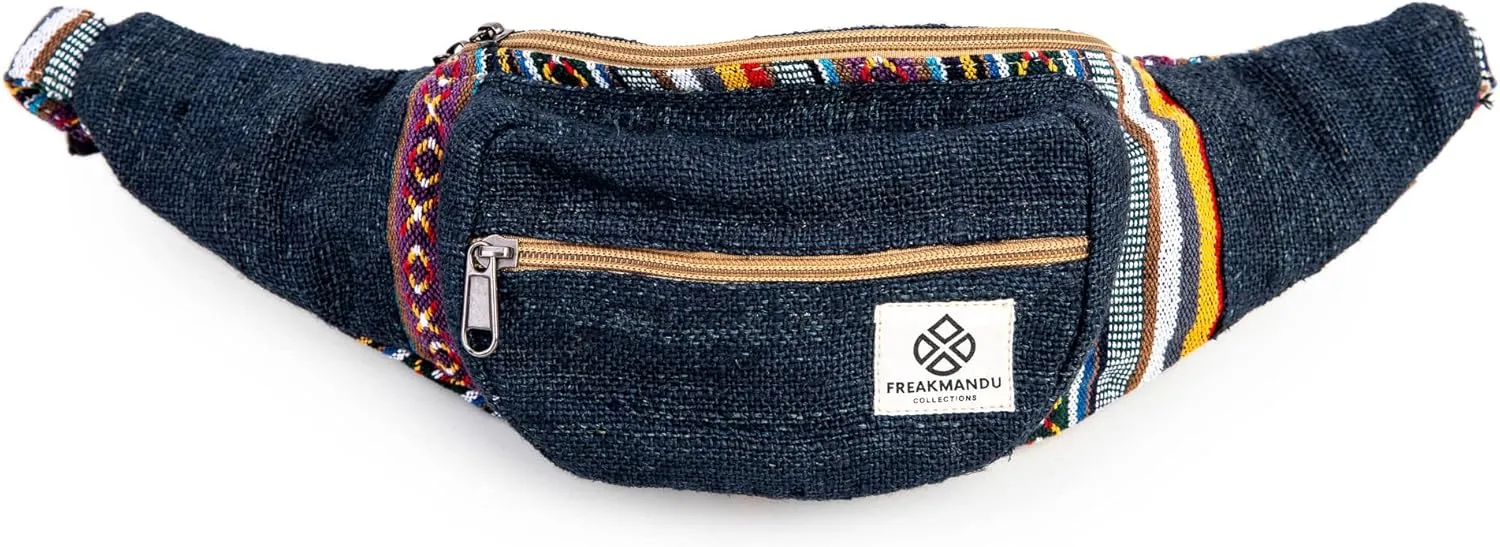 Freakmandu Eco-Friendly Boho Hippie Style Hemp Fanny Pack Blue Hip Waist Bag for Hiking Running Jogging (Azure)