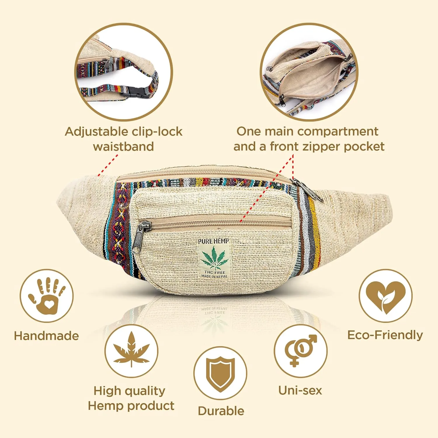 Freakmandu Eco-Friendly Boho Hippie Style Hemp Fanny Pack Hip Waist Bag for Hiking Running Jogging (Beatnik)