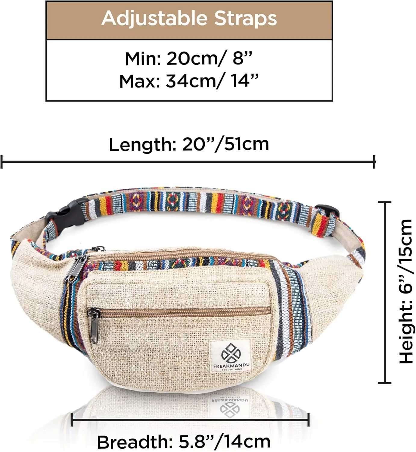 Freakmandu Eco-Friendly Boho Hippie Style Hemp Fanny Pack Hip Waist Bag for Hiking Running Jogging (Beatnik)