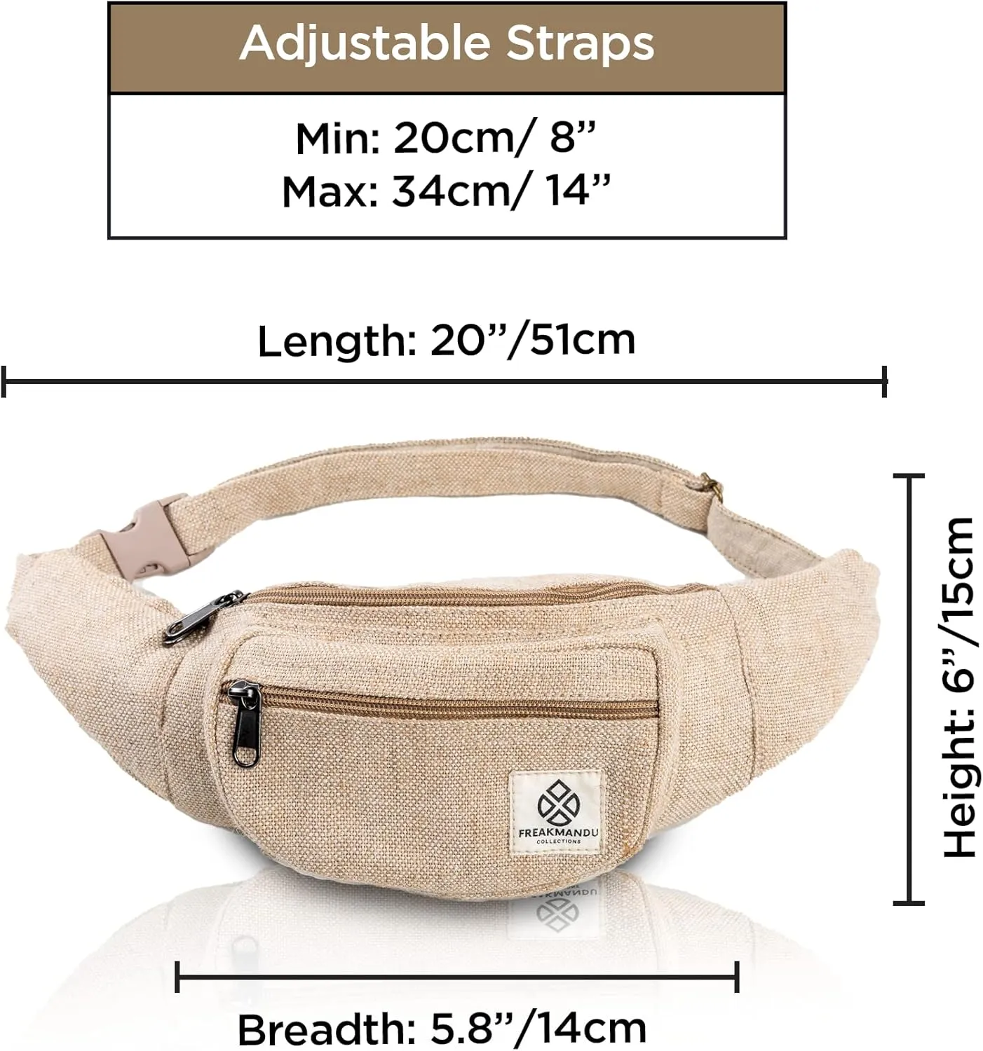 Freakmandu Eco-Friendly Boho Hippie Style Hemp Fanny Pack White Hip Waist Bag for Hiking Running Jogging (Nirvana)