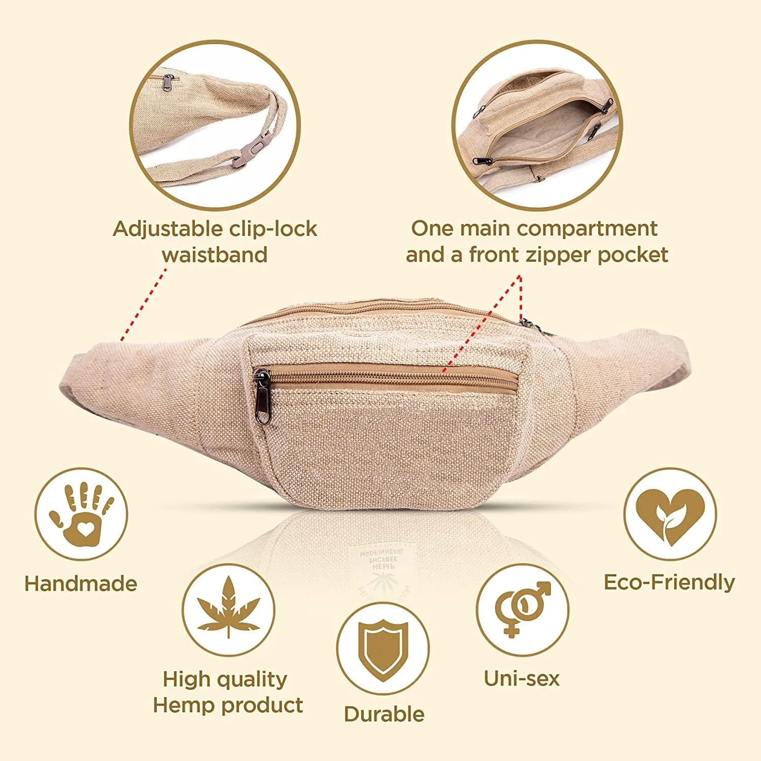 Freakmandu Eco-Friendly Boho Hippie Style Hemp Fanny Pack White Hip Waist Bag for Hiking Running Jogging (Nirvana)