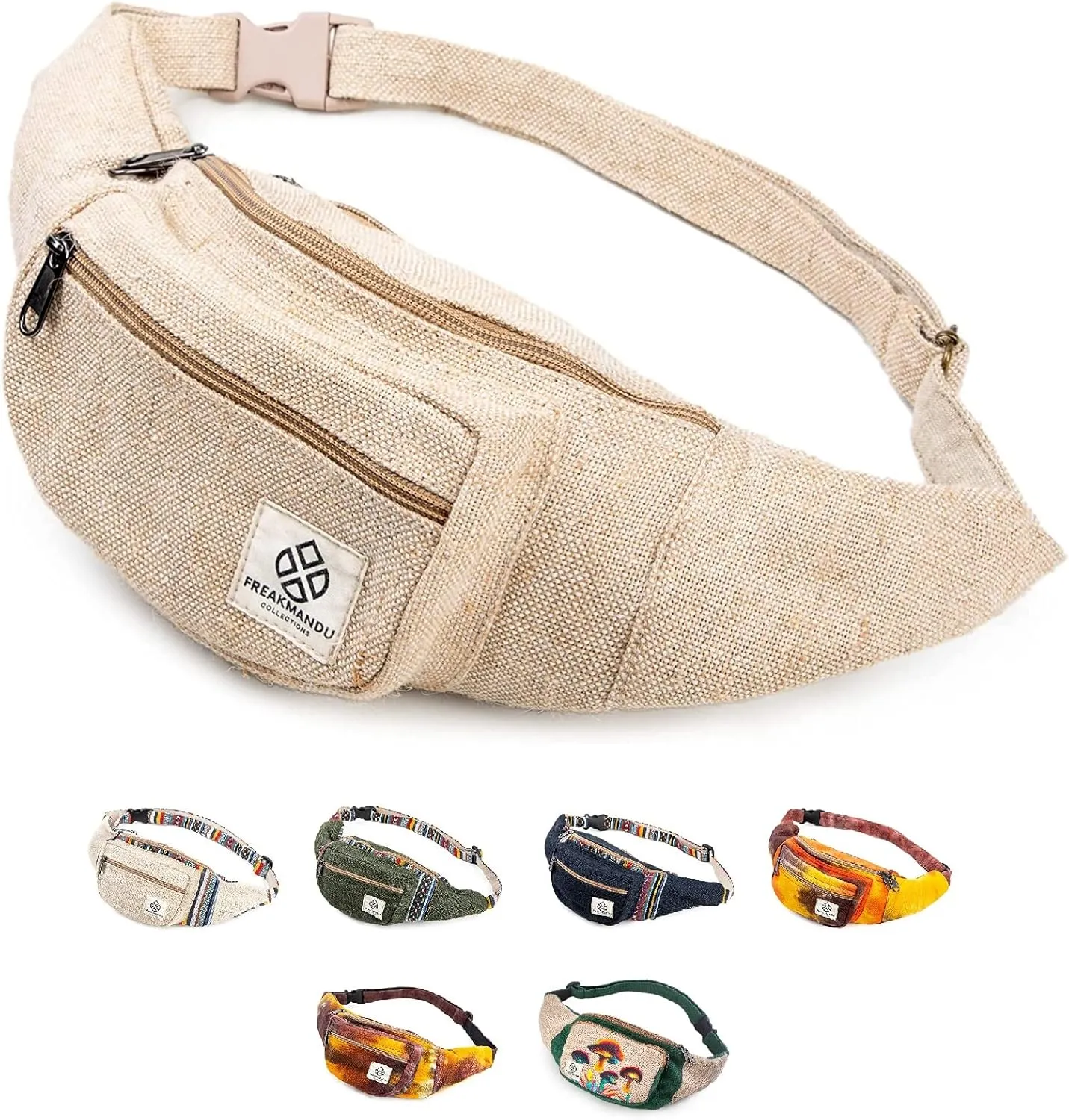 Freakmandu Eco-Friendly Boho Hippie Style Hemp Fanny Pack White Hip Waist Bag for Hiking Running Jogging (Nirvana)