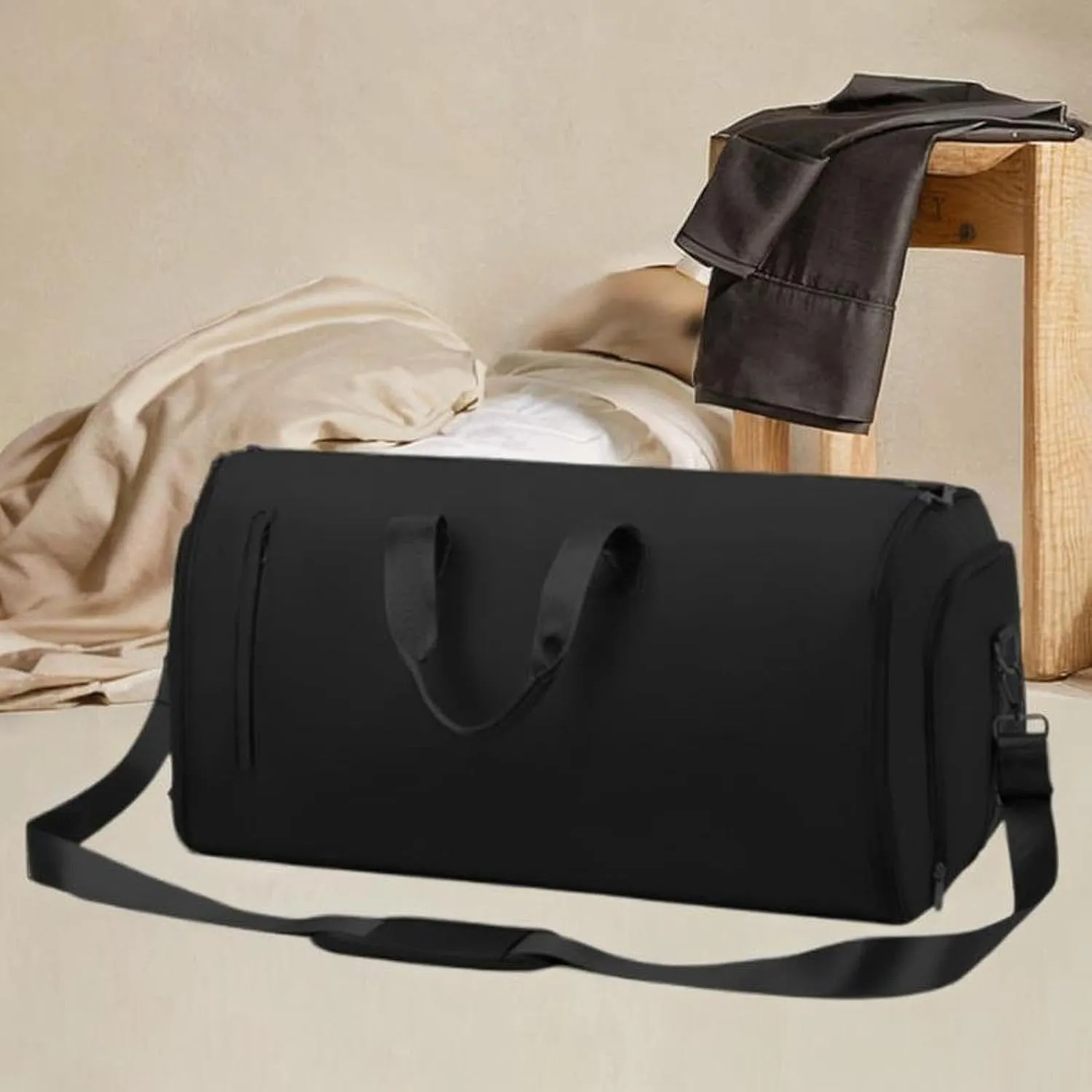 Garment Bag Weekender Bag Leather Duffle Bag for Hiking Outdoor Backpacking Trip, Black