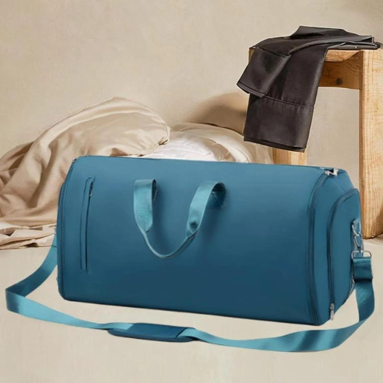 Garment Bag Weekender Bag Leather Duffle Bag for Hiking Outdoor Backpacking Trip, Blue