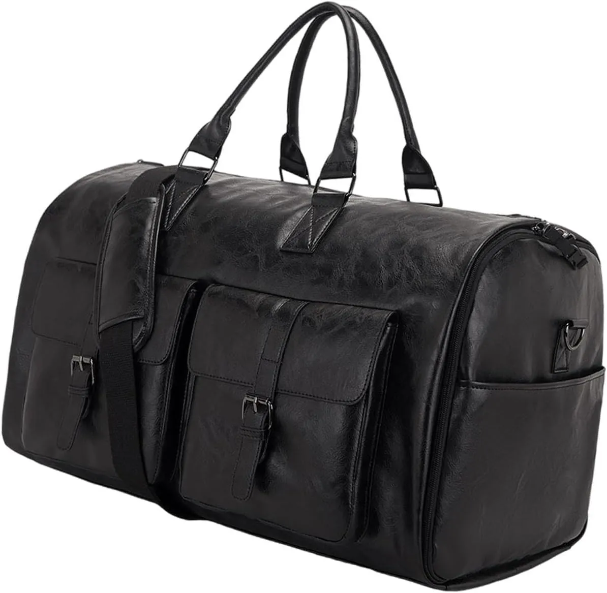 Garment Duffel Bag Shoulder Handbag PU Leather Portable Travel Garment Bag, Black