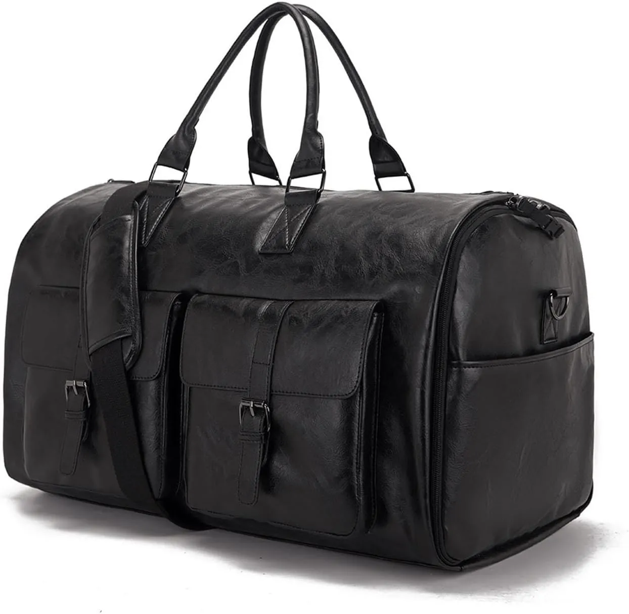 Garment Duffel Bag Shoulder Handbag PU Leather Portable Travel Garment Bag, Black