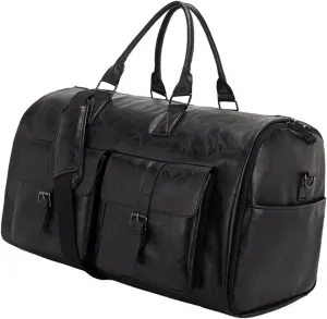Garment Duffel Bag Shoulder Handbag PU Leather Portable Travel Garment Bag, Black
