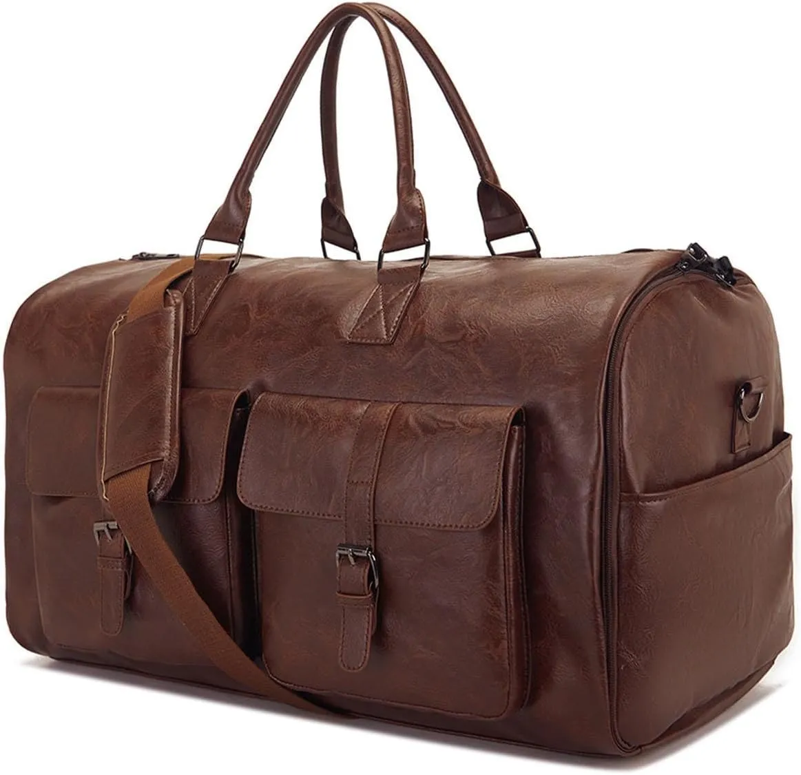 Garment Duffel Bag Shoulder Handbag PU Leather Portable Travel Garment Bag, Coffee