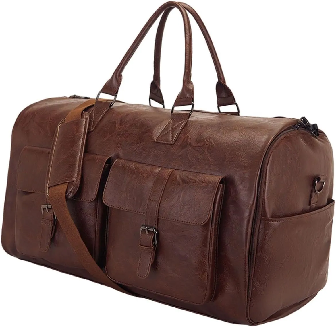 Garment Duffel Bag Shoulder Handbag PU Leather Portable Travel Garment Bag, Coffee