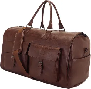 Garment Duffel Bag Shoulder Handbag PU Leather Portable Travel Garment Bag, Coffee