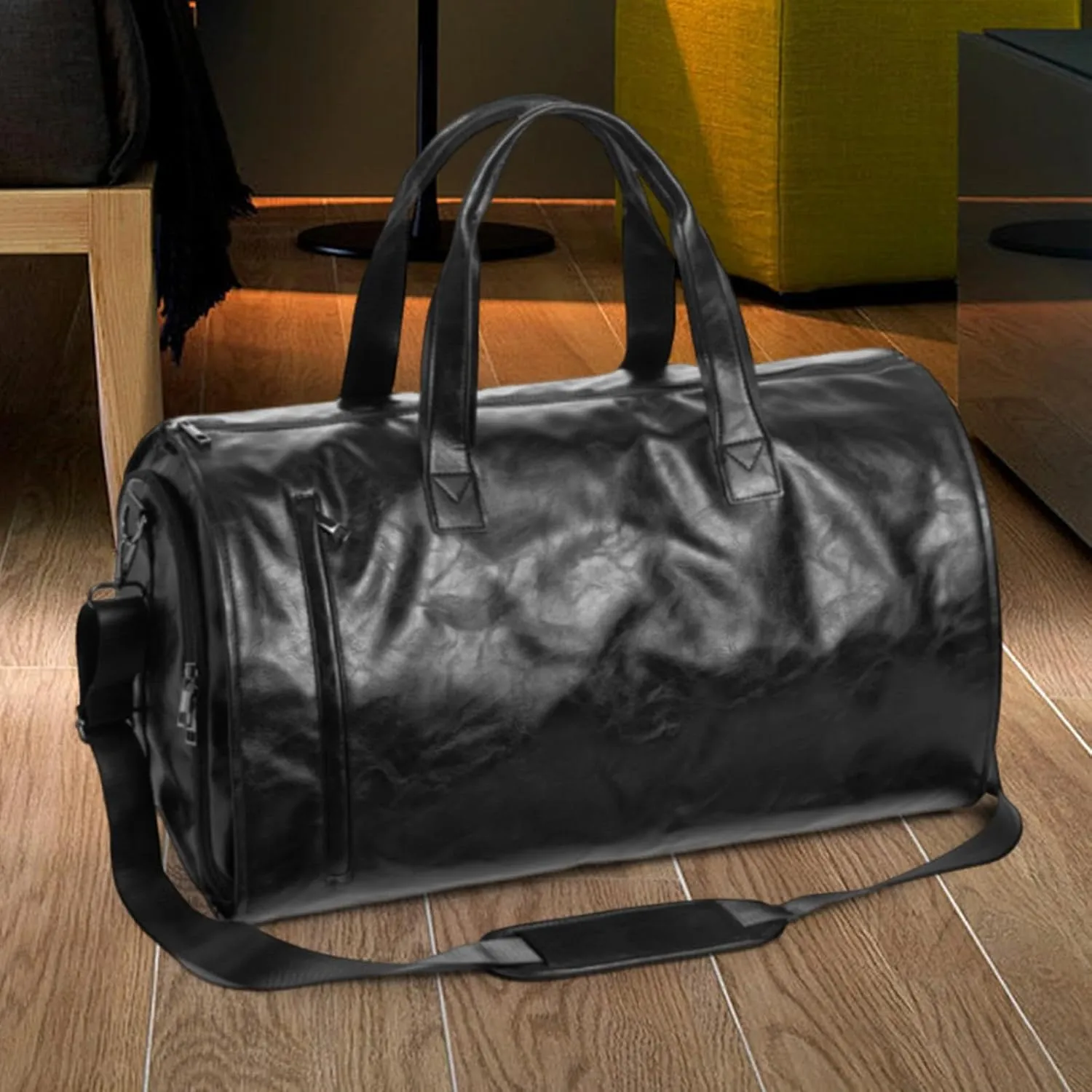 Garment Duffel Bag with Shoe Compartment Weekend for Men Women Handbag Portable Large Capacity Garment Bag Strap, Black PU Leather