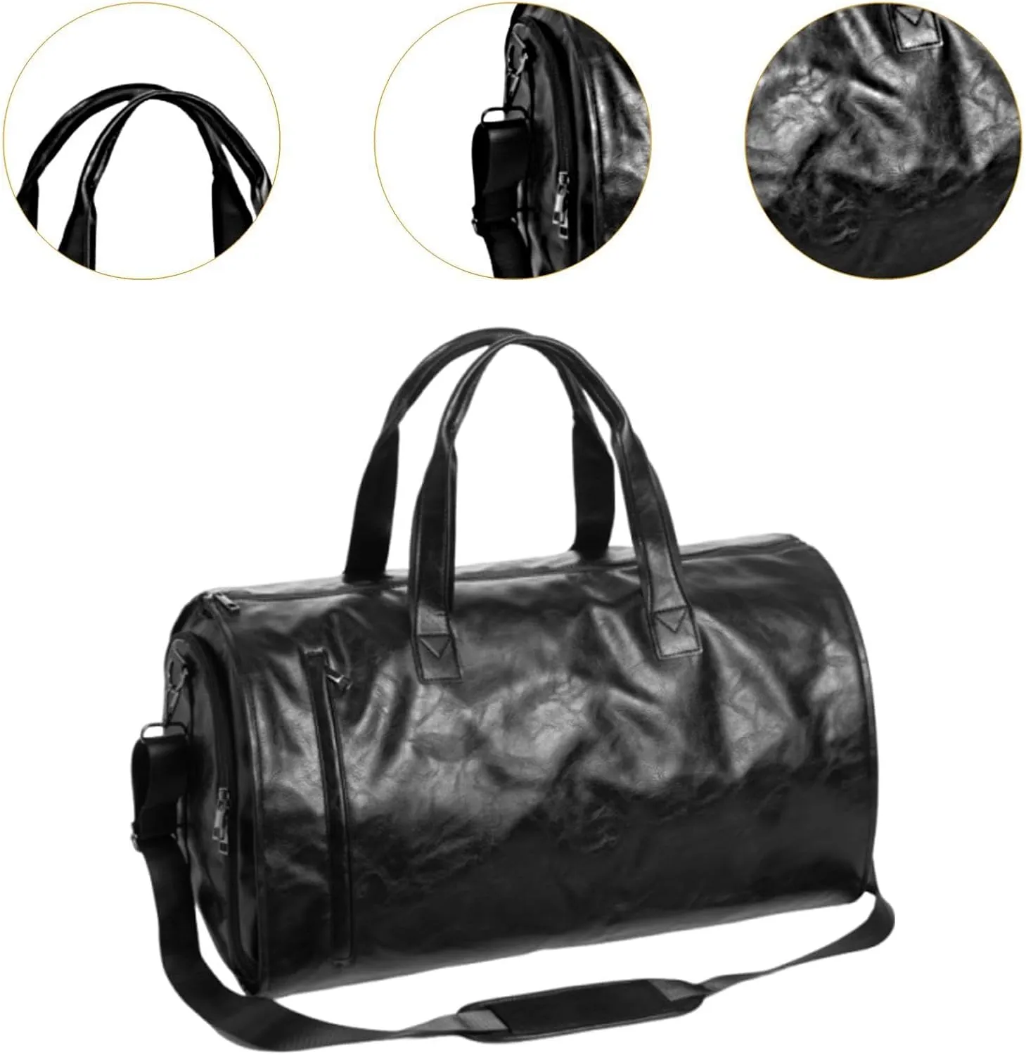 Garment Duffel Bag with Shoe Compartment Weekend for Men Women Handbag Portable Large Capacity Garment Bag Strap, Black PU Leather