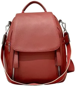 Genuine Leather Women's Fashion Backpack Shoulder Bags Retro Casual Work Bag Unique Shoulder Bags, Red, One Size