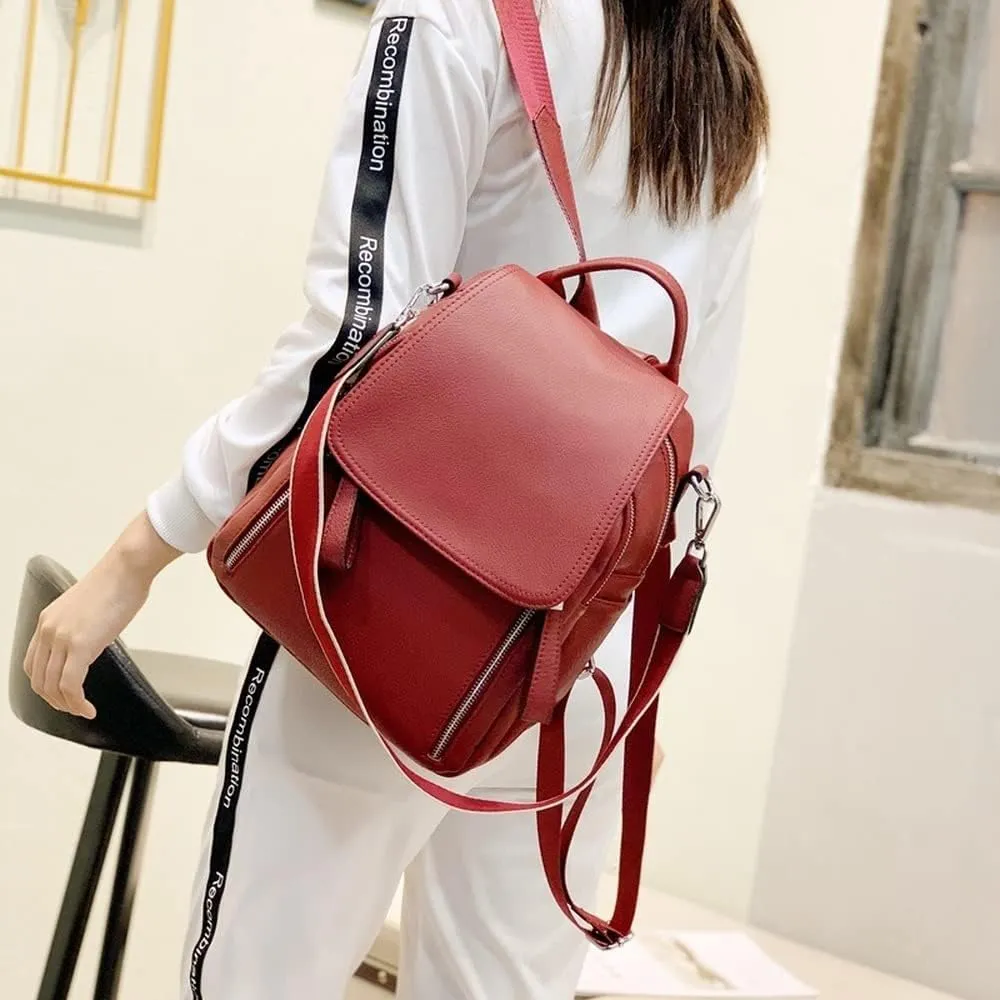 Genuine Leather Women's Fashion Backpack Shoulder Bags Retro Casual Work Bag Unique Shoulder Bags, Red, One Size