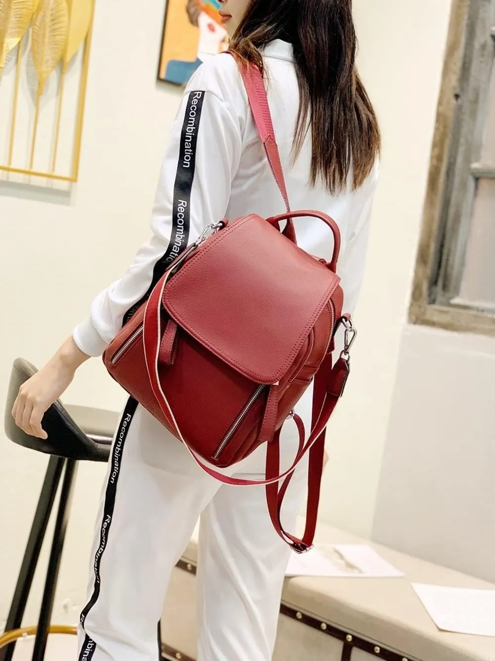 Genuine Leather Women's Fashion Backpack Shoulder Bags Retro Casual Work Bag Unique Shoulder Bags, Red, One Size