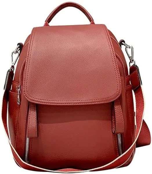 Genuine Leather Women's Fashion Backpack Shoulder Bags Retro Casual Work Bag Unique Shoulder Bags, Red, One Size