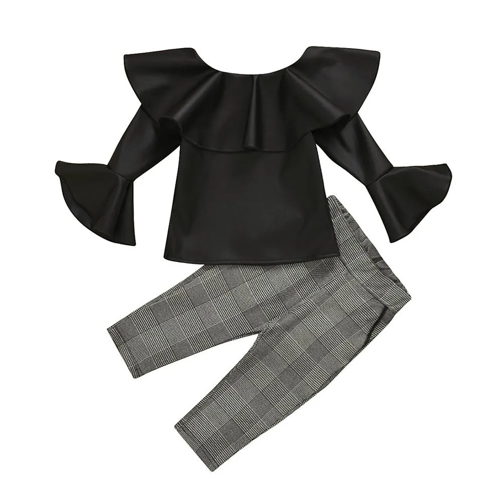 Girls Flared Sleeve PU Top & Plaid Trousers Girls Clothing Wholesalers