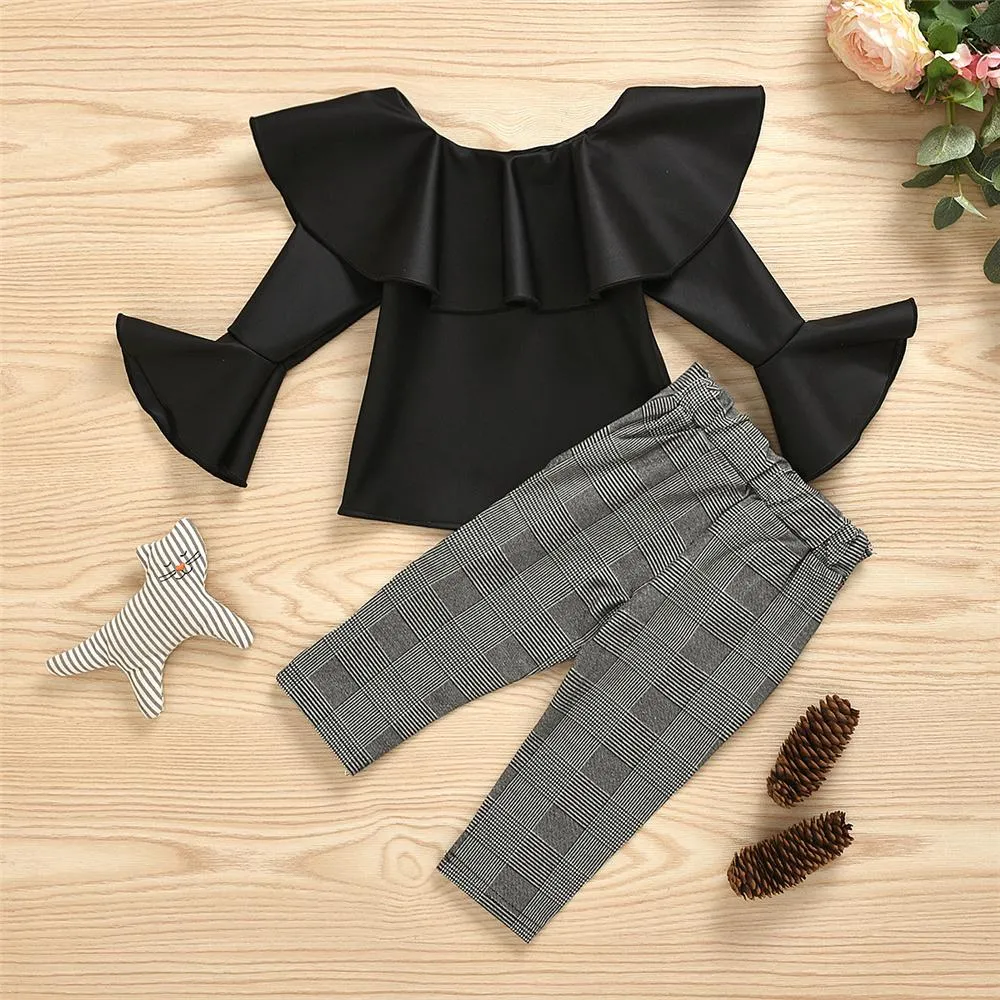 Girls Flared Sleeve PU Top & Plaid Trousers Girls Clothing Wholesalers