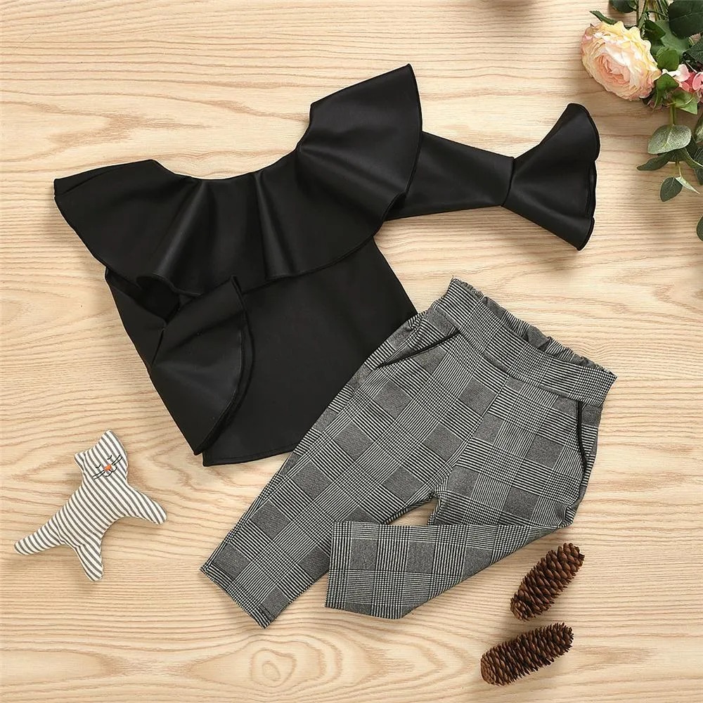 Girls Flared Sleeve PU Top & Plaid Trousers Girls Clothing Wholesalers