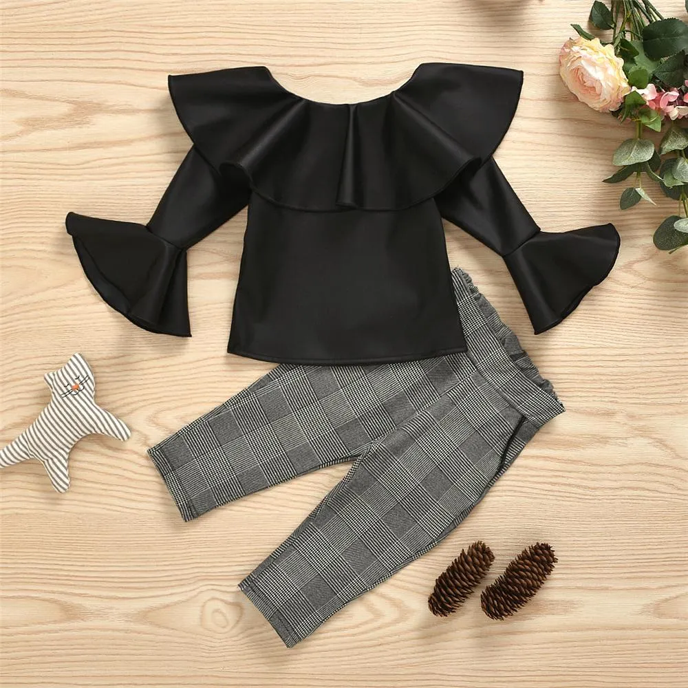 Girls Flared Sleeve PU Top & Plaid Trousers Girls Clothing Wholesalers