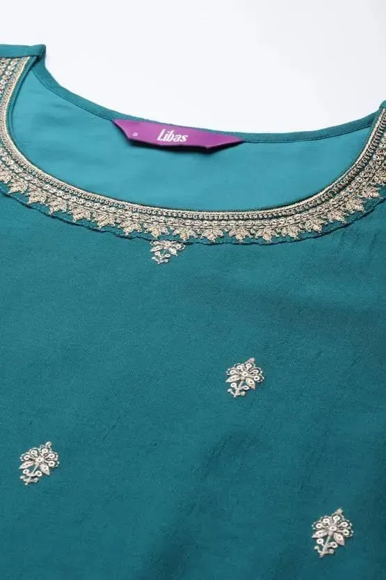 Green Embroidered Silk Straight Kurta