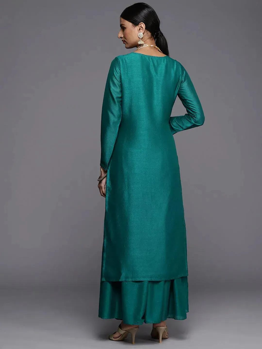 Green Embroidered Silk Straight Kurta