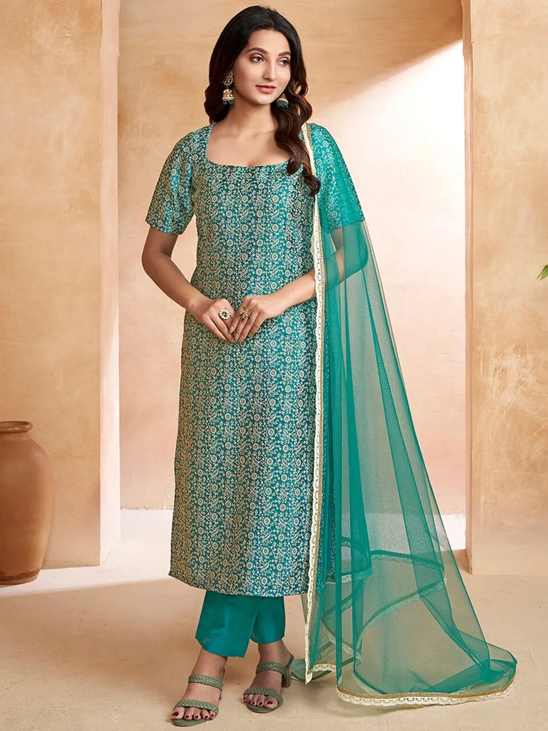 Green Women Floral Regular Kurta with Trousers & With Dupatta