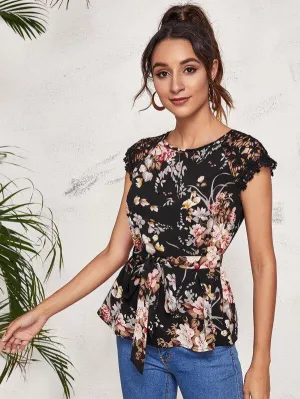Guipure Lace Raglan Sleeve Self Belted Floral Top