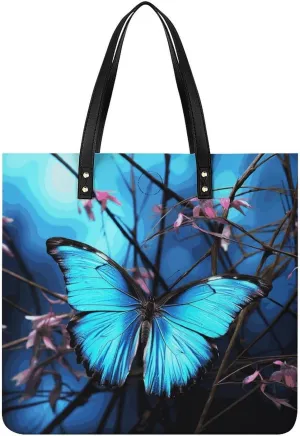 Handbags for WomenBlue Butterfly And BambooTrendy Vegan Leather Hobo Handbags,Women's Soft Bucket Bag For Women - Ladies Handbags For Work, Travel, Casual Use,Birthday Gifts
