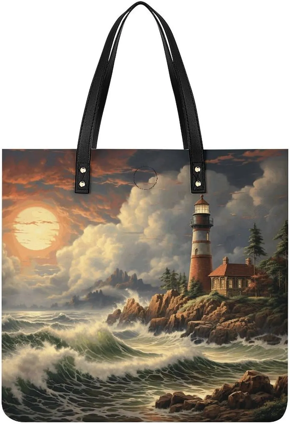 Handbags for WomenCoast Wave And LighthouseTrendy Vegan Leather Hobo Handbags,Women's Soft Bucket Bag For Women - Ladies Handbags For Work, Travel, Casual Use,Birthday Gifts