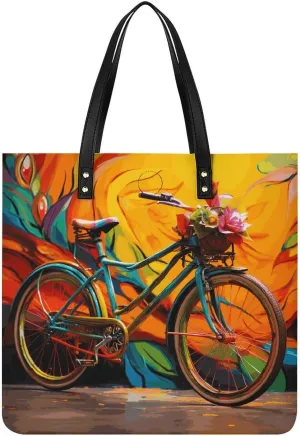 Handbags for WomenColorful BicycleTrendy Vegan Leather Hobo Handbags,Women's Soft Bucket Bag For Women - Ladies Handbags For Work, Travel, Casual Use,Birthday Gifts