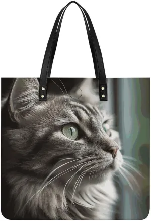 Handbags for WomenGray Cat with Green EyesTrendy Vegan Leather Hobo Handbags,Women's Soft Bucket Bag For Women - Ladies Handbags For Work, Travel, Casual Use,Birthday Gifts