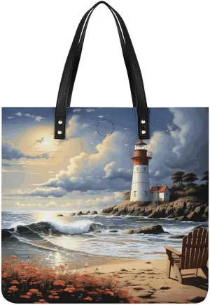 Handbags for WomenSea Lighthouse SandbeachTrendy Vegan Leather Hobo Handbags,Women's Soft Bucket Bag For Women - Ladies Handbags For Work, Travel, Casual Use,Birthday Gifts
