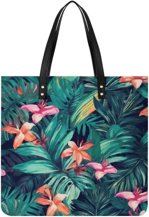 Handbags for WomenTropical Floral LeavesTrendy Vegan Leather Hobo Handbags,Women's Soft Bucket Bag For Women - Ladies Handbags For Work, Travel, Casual Use,Birthday Gifts