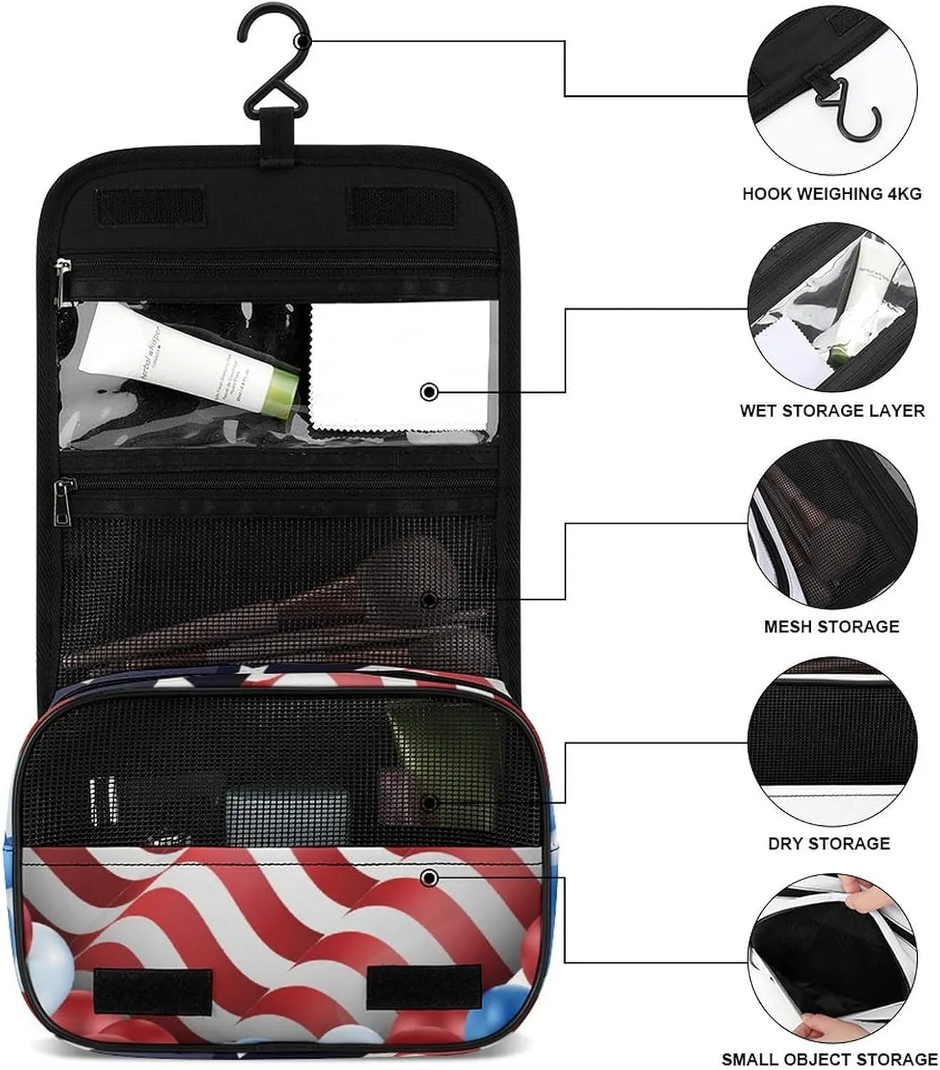 Hanging Toiletry Bag for Women, Travel Toiletries Bags with Hook, Travel Makeup Bag for Cosmetic Storage Organizer Compatible with American Flag Balloon