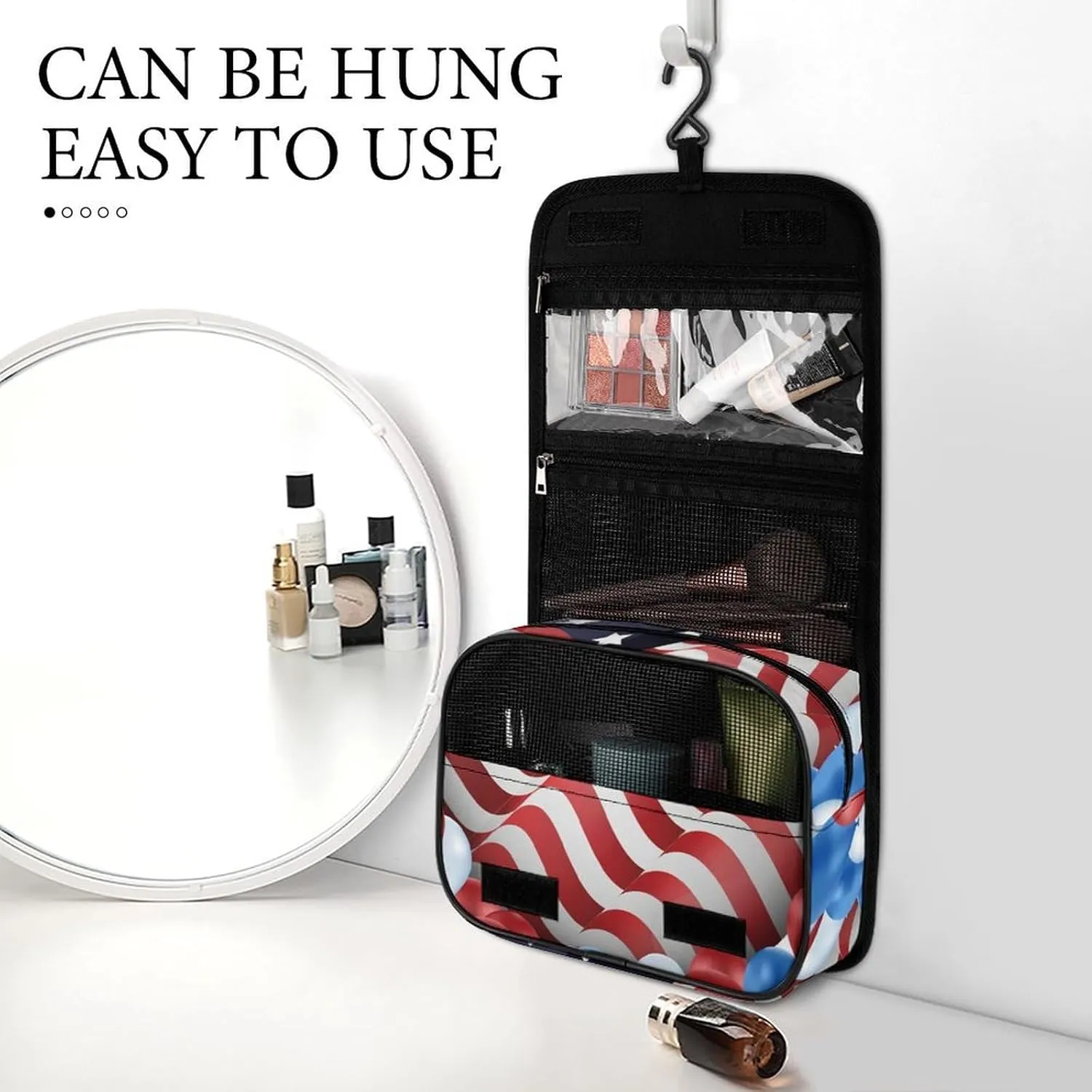Hanging Toiletry Bag for Women, Travel Toiletries Bags with Hook, Travel Makeup Bag for Cosmetic Storage Organizer Compatible with American Flag Balloon