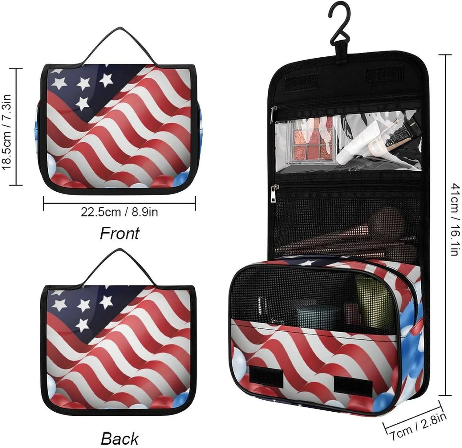 Hanging Toiletry Bag for Women, Travel Toiletries Bags with Hook, Travel Makeup Bag for Cosmetic Storage Organizer Compatible with American Flag Balloon