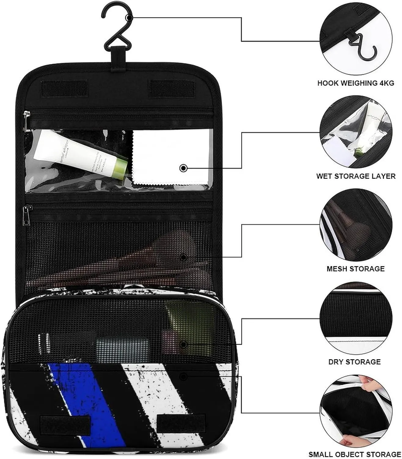 Hanging Travel Toiletry Bag with Hanging Hook - Stylish Organizer Hanging Toiletry Bag Compatible with Vintage Retro American Thin Blue Line Flag Police Pattern for Traveling Women