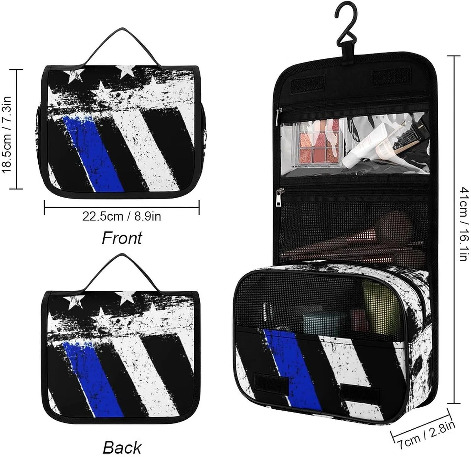 Hanging Travel Toiletry Bag with Hanging Hook - Stylish Organizer Hanging Toiletry Bag Compatible with Vintage Retro American Thin Blue Line Flag Police Pattern for Traveling Women
