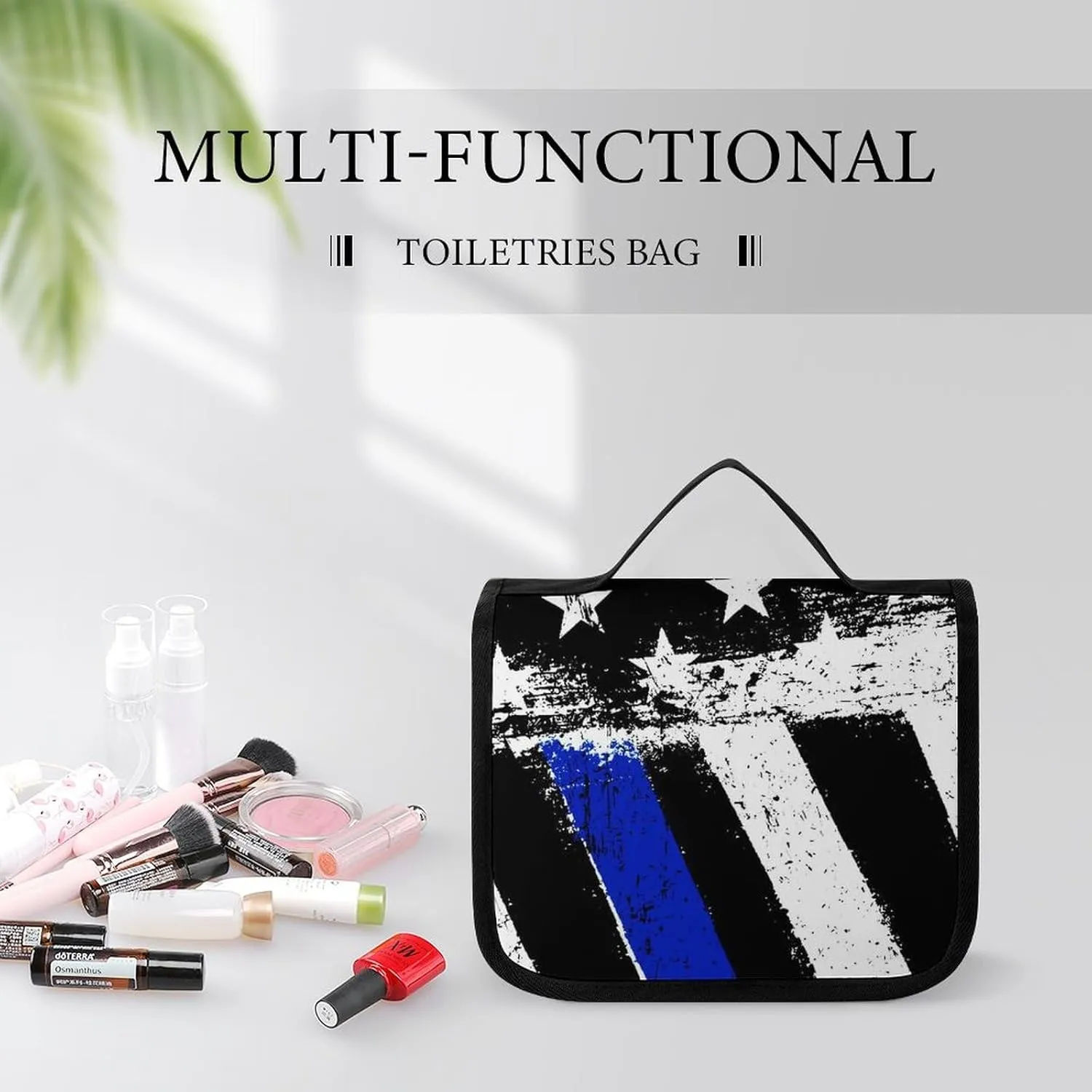 Hanging Travel Toiletry Bag with Hanging Hook - Stylish Organizer Hanging Toiletry Bag Compatible with Vintage Retro American Thin Blue Line Flag Police Pattern for Traveling Women