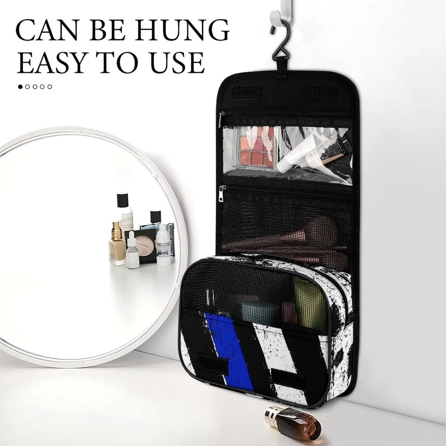 Hanging Travel Toiletry Bag with Hanging Hook - Stylish Organizer Hanging Toiletry Bag Compatible with Vintage Retro American Thin Blue Line Flag Police Pattern for Traveling Women